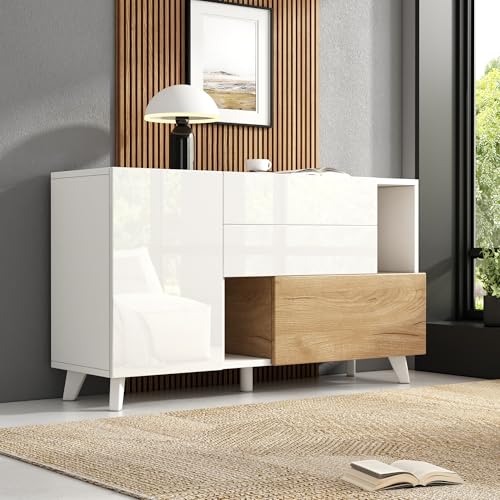 BTM Hochglänzendes weißes original holzfarbenes Sideboard mit Stauraum, ESS-Sideboard, moderner Wohnzimmerschrank von BTM