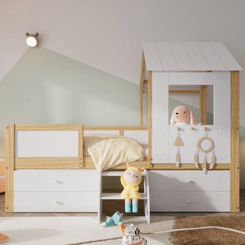 BTM Kinderbett, halbhohes Bett, Hausbett mit Dach und Fenster, Vierseitiger Zaun, mit 4 Schubladen und kleine Treppe, Kiefer+MDF+Sperrholz, Weiß+Natur, 90x200cm BTM Kinderbett, halbhohes Bett, Hausbett mit Dach und Fenster, Vierseitiger Zaun, mit 4 Schubladen und kleine Treppe, Kiefer+MDF+Sperrholz, Weiß+Natur, 90x200cm von BTM