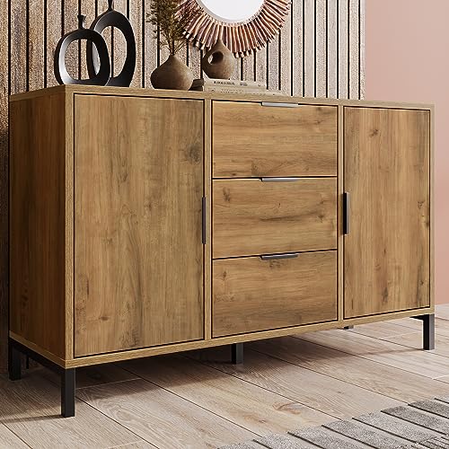 BTM Kommode mit 2 Türen und 3 Schubladen, 120 x 40 x 76 cm in Dunkle Eiche, Verstellbare Ablage, Sideboard Highboard für Schlafzimmer & alle Wohnräume von BTM