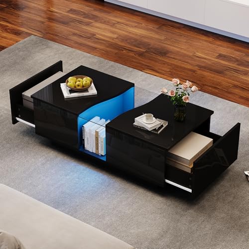 BTM LED Couchtisch mit Hohl-Design & Acrylplatte 100x50x35cm Hochglanz MDF Tisch 2 Schubladen, App-Steuerung, Schwarz von BTM