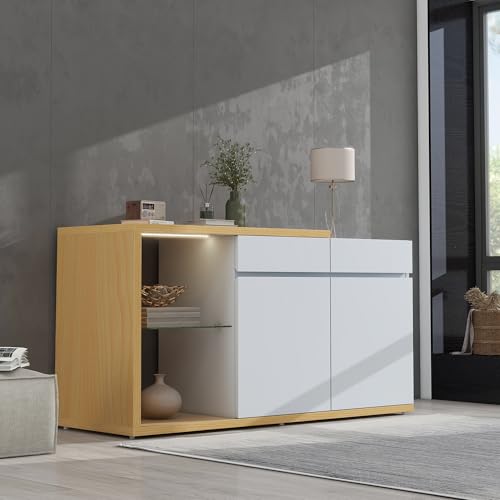 BTM LED Sideboard Breite 120 cm, Multifunktionales Sideboard,Kommode 2 Türen, 2 Schubkästen, Anrichte mit LED-Beleuchtung von BTM