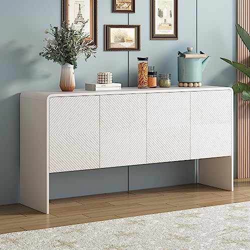 BTM Minimalistischer Stil Großer Stauraum Sideboard mit 4 Türen und Rückstoßvorrichtung für Wohnzimmer und Eingangsbereich (Weiß) von BTM