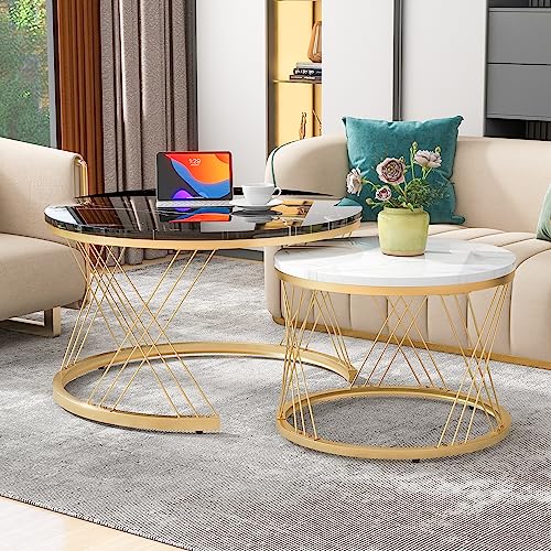 BTM Moderne Nesting Couchtisch, Couchtisch Satz Marmor Furnier Sofa Seite Nest von Tischen Runde Endtische, Satz von 2, Goldene Farbe Frame BTM Moderne Nesting Couchtisch, Couchtisch Satz Marmor Furnier Sofa Seite Nest von Tischen Runde Endtische, Satz von 2, Goldene Farbe Frame von BTM