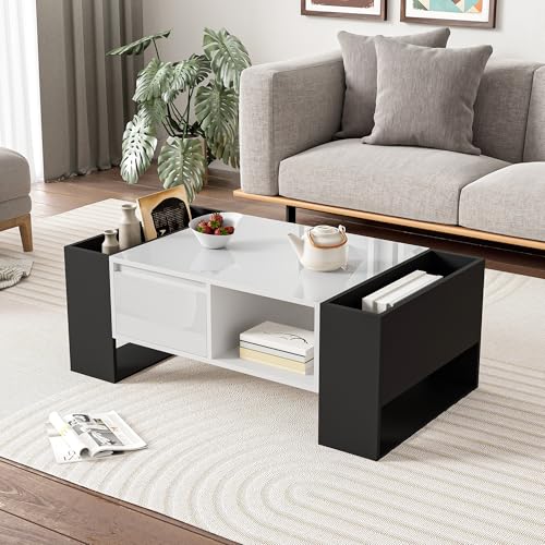 BTM Moderner Couchtisch 105 x 60 x 40,5 cm – Schwarz-Weiß-Design mit hochglänzender Oberfläche, Schublade und 4 offenen Fächern von BTM