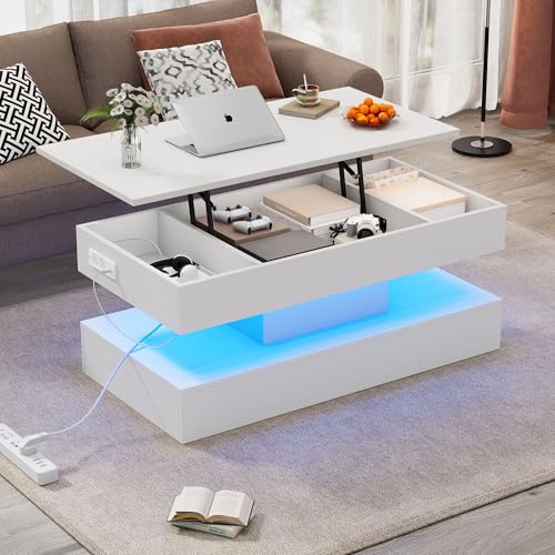 BTM Moderner Couchtisch mit LED-Beleuchtung und verstecktem Stauraum - Beistelltisch mit hydraulischem Hub, 100 * 50 * 42 cm, 50 kg belastbar von BTM