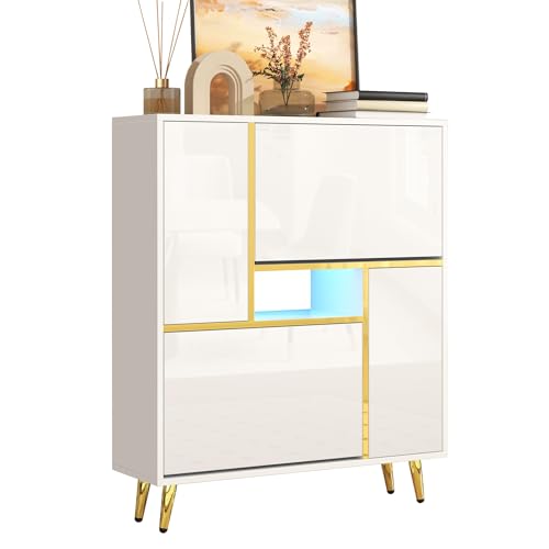 BTM Moderner Schuhschrank, weißer mit Hochglanzfront und 16-farbigem LED-Licht (80 x 25 x 96 cm) von BTM