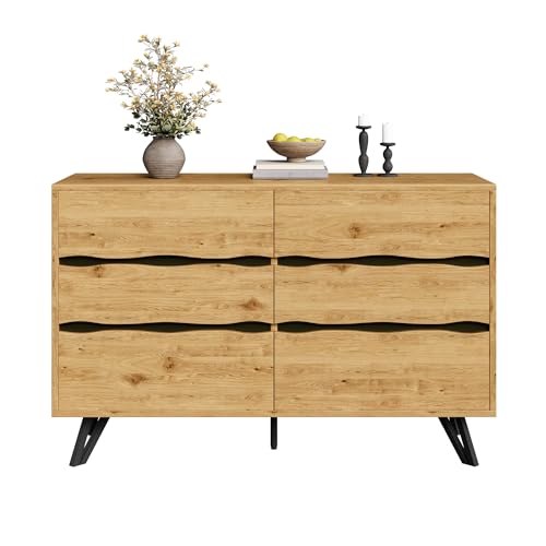 BTM Moderner Sideboard-Schrank mit 6 Schubladen – Holzoptik, Metallfüße, Viel Stauraum, Minimalistisches Design, Für Wohnzimmer & Esszimmer – 120x40x75,5 cm von BTM