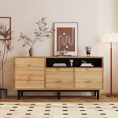 BTM Moderner Sideboard aus Holz mit DREI Türen und Regalen, 160 x 35 x 76 cm, Einfache Montage, platzsparendes Design, robust und zuverlässig von BTM