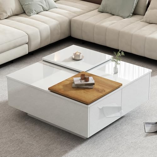 BTM Moderner hochglänzender weißer Holzfarbe quadratischer Couchtisch mit Ablagefläche 75 * 75 * 33,5cm, kleine verschiebbare Tischplatte, max. 30kg belastbar von BTM