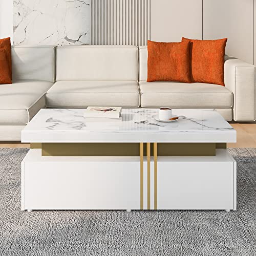 BTM Moderner rechteckiger Couchtisch mit PVC-Musterplatte und 2 Holzschubladen, Wohnzimmertisch, 100 * 50 * 40cm von BTM
