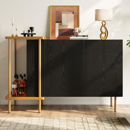 BTM Moderner schwarzer Sideboard-Schrank mit 2 Türen und 2 offenen Fächern, Couchtisch aus Metall/Glas,Schwarz, 120 x 40 x 77.5 cm (LxBxH) von BTM
