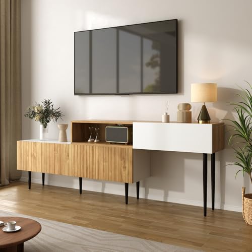 BTM Modularer TV-Schrank mit Verstellbarer Länge 2-teiliges Design Holzoptik + Weiß matt Multifunktional mit Kippsicherung, Schwarze Metallbeine von BTM