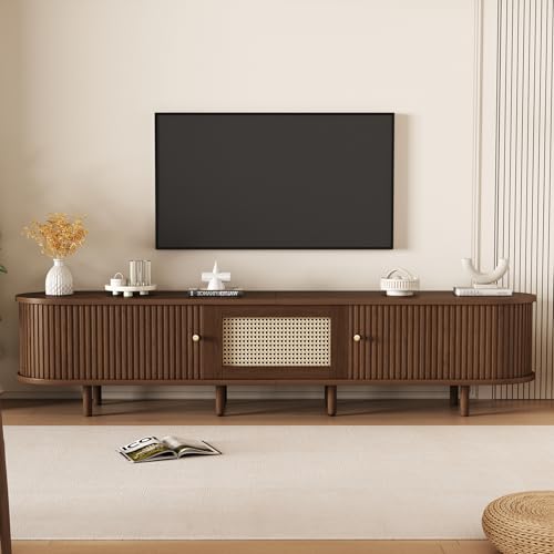 BTM Ovaler TV-Ständer in Nussbaum dunkel, Rattan-Design - 180 cm MDF-Design, verstellbare Füße, 30 kg Belastbarkeit von BTM