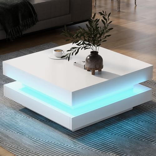 BTM Quadratischer Couchtisch in Weiß - moderner technologischer Stil, mit Bluetooth-LED-Leiste, 70x70x36 cm, max. Belastung 45 kg von BTM