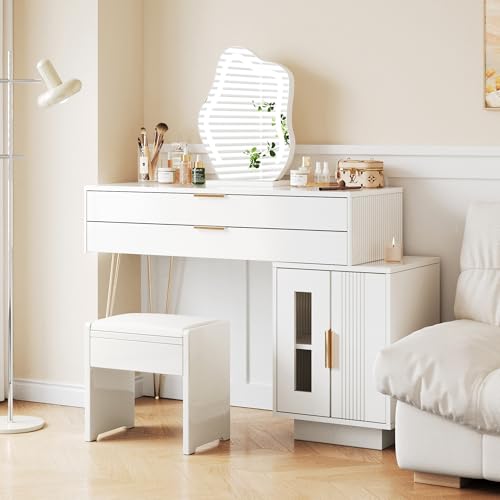 BTM Schminktisch mit LED-beleuchtetem Spiegel, Weißes Schminktisch-Set mit ausziehbarem Design, moderner Kosmetiktisch für das Schlafzimmer - Maße:B100/H78/T40 cm (ohne Hocker) von BTM