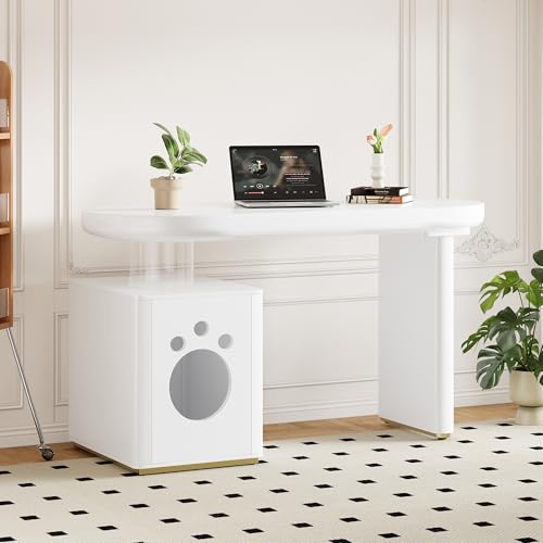 BTM Schreibtisch mit Haustierbett – 117 × 50 × 76 cm, komplett lackiert, abgerundete Kurven, 5 cm Dicke Beine, stabil und modern, weißer französischer Stil, Haustiergrößen M–XL von BTM