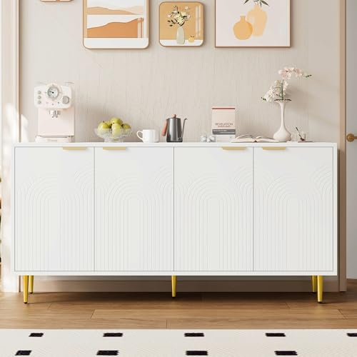 BTM Sideboard Wohnzimmer, Kommode mit 4 Türen Goldene Gebürstete Griffe und Hochglanz Tischbeine Komodenschrank, Weiß, maße 160×80×40 cm (B×H×T) von BTM