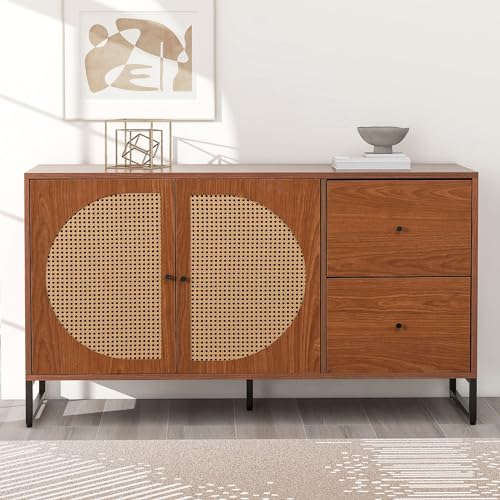 BTM Sideboard mit 2 Rattan verzierten Türen und 2 Schubladen Kommode, Mehrzweckschrank, Highboard mit Metallgriffe, für Schlafzimmer & Wohnräume & Büro von BTM