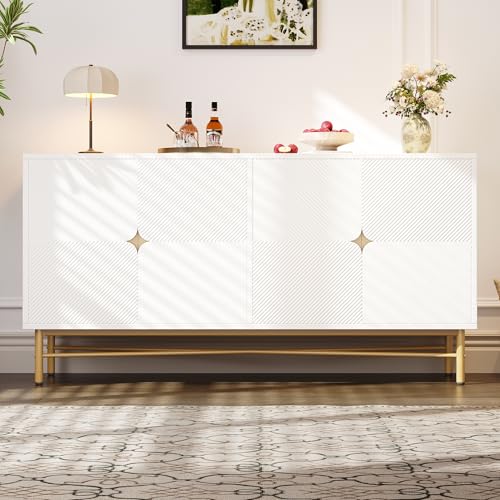 BTM Sideboard mit Erhabener Textur 160cm, Schrank mit Vier Türen Goldene Gebürstete Griffe und Hochglanz Tischbeine, Weiß,160×40×82cm von BTM
