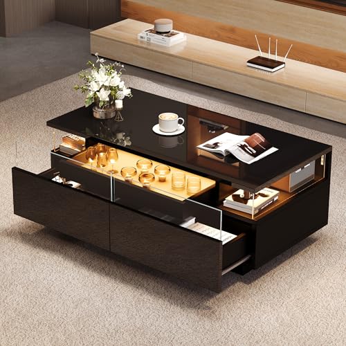 BTM Speicher-Couchtisch mit LED Licht und 2 Schubladen 90x45x35.5 cm Couchtisch fürs Wohnzimmer Hochglanz Sofatisch mit Tablett und gehärtetem Glas Schwarz von BTM