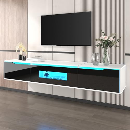 BTM TV Lowboard Hängend oder Boden, 16 Farben & 4 Modi LED & mit 3 Türen, TV Schrank Fernseher Möbel Fernsehschrank Board Cabinet, 180 x30 x30cm, Schwarz Hochglanz von BTM