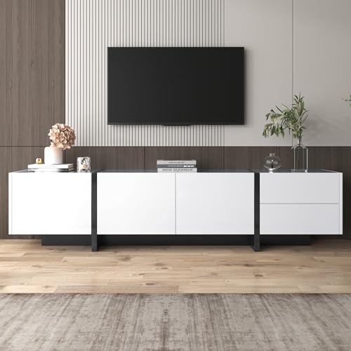 BTM TV-Schrank, lowboard Panel mit farbblockierten Beinen in Hochglanz-Weiß und Schwarz, mit Türen und Schubladen, Türen mit Regalen. Einfaches Liniendesign.190x35x45cm BTM TV-Schrank, lowboard Panel mit farbblockierten Beinen in Hochglanz-Weiß und Schwarz, mit Türen und Schubladen, Türen mit Regalen. Einfaches Liniendesign.190x35x45cm von BTM