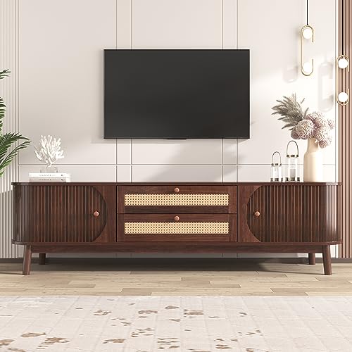 BTM TV Schrank, 2 Schubladen & 2 Schiebetüren aus Massivholz, Rattan Fernseher Schrank Cabinet Lowboard Möbel Bank Board Fernsehschrank, Landhausstil, 170 cm, Braun von BTM