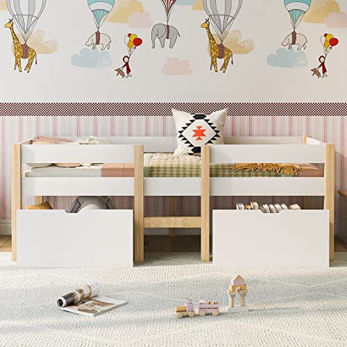 Kinderbett mit Rausfallschutz und Lattenrost - Vielseitiges Kiefer Bett, Kinderbett Spielbett für Jungen & Mädchen - Massivholz Kinder Bett - Oberbett 90x200, Weiß (mit Schublade) von BTM