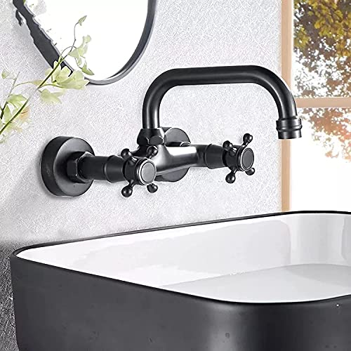 Messingarmatur, schwarzes Ende, Wandmontage, Waschbeckenarmaturen, Doppelgriffe, Mischbatterie für heißes und kaltes Wasser, Mischbatterie für Küche, 360 Grad drehbar, Küchenarmatur Messingarmatur, schwarzes Ende, Wandmontage, Waschbeckenarmaturen, Doppelgriffe, Mischbatterie für heißes und kaltes Wasser, Mischbatterie für Küche, 360 Grad drehbar, Küchenarmatur von BTMFGVWLB