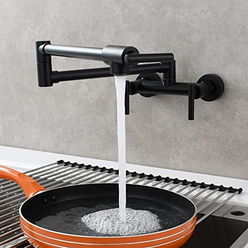 Topffüller Wasserhahn für Warm- und Kaltwasser-Mischbatterie, faltbare Küchenwandhalterung, kommerzielle Restaurantspüle, Messing, 3 Griffe, 2 Löcher, Doppelgelenk-Schwenkarm, Küche, wirtschaftlich von BTMFGVWLB