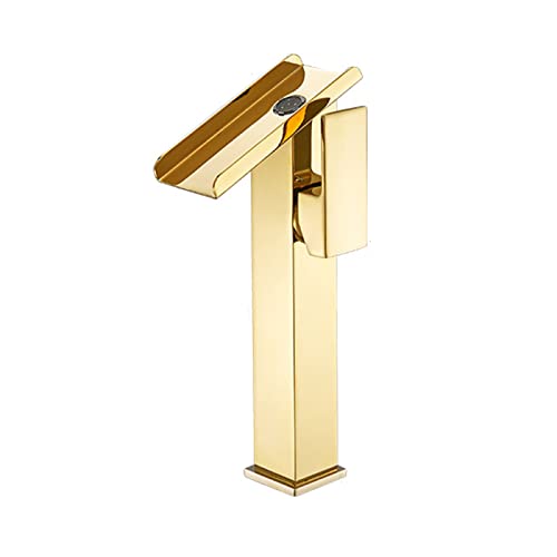 Wasserfall-Badezimmerarmatur, goldfarben, für heiße und kalte Spüle, Messing, Wasserfall, Einhandgriff, Wasserfall, Badezimmer hoch (hoch) von BTMFGVWLB