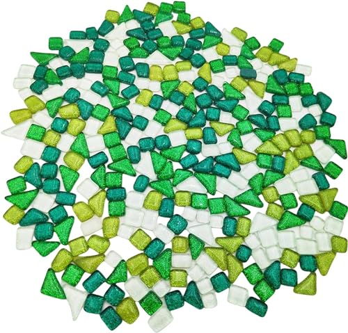 500 g zufällige unregelmäßige Glitzer-glänzende Glasmosaikfliesen zum Basteln, Großpackung, Glasmosaik-Stück-Set für Tassen, Bilderrahmen, Heimdekoration, DIY-Kunstprojekte (Mix Grün Weiß) von BTMIEY