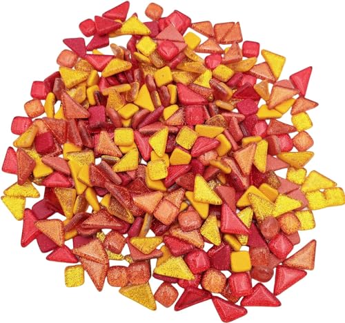 500 g zufällige unregelmäßige Glitzer-glänzende Glasmosaikfliesen zum Basteln, Großpackung, Glasmosaik-Stück-Set für Tassen, Bilderrahmen, Heimdekoration, DIY-Kunstprojekte (Mix Rot Gelb) von BTMIEY