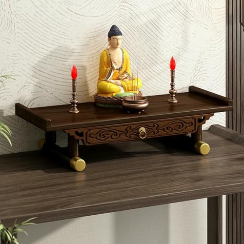 BTOIASYHF Buddha-Altarregal mit Schublade, buddhistische Tischplatte mit Metallgriffen und ausziehbarer Ausziehplatte, Design mit geneigtem Kopf im chinesischen Stil von BTOIASYHF