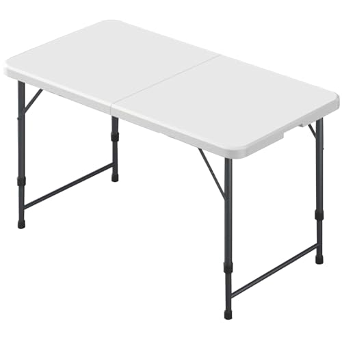 BTRUTY Draußen Fold-in-Half Diensttisch, Tragbarer Klappbar Strandtisch Mit Griff, Faltbarer Campingtisch Für Innenküche, Schlafsaal, Picknick, Party(4ft White Black Height Adjustable) von BTRUTY