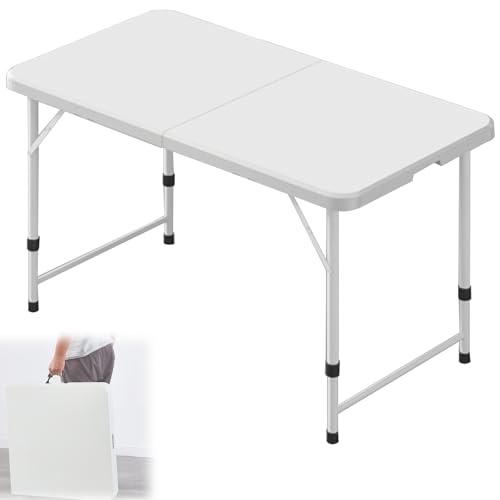 BTRUTY Draußen Fold-in-Half Diensttisch, Tragbarer Klappbar Strandtisch Mit Griff, Faltbarer Campingtisch Für Innenküche, Schlafsaal, Picknick, Party(4ft White Height Adjustable) von BTRUTY