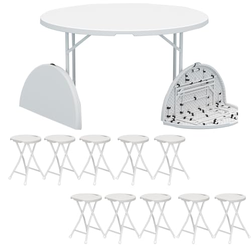 BTRUTY Rund Klapptisch Mit Tragegriff, Faltbar Campingtisch Mit Hdpe-tischplatte, Keine Installation Erforderlich Tragbare Gartentisch Für Picknick, Party, Essen, Balkon(4ft White+backrest Chair*6) von BTRUTY