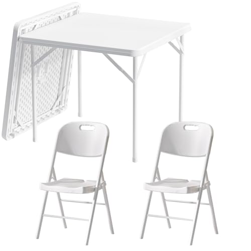 Draußen Eckig Klapptisch, Faltbar Campingtisch Esstisch HDPE Tischplatte Tragbarer Gartentisch Für Picknick, Terrasse, Balkon, Küche, Strand(86 * 86cm White+Square Chair*2) von BTRUTY