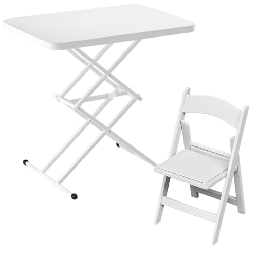 Hohenverstellbar Klapptisch 65 * 45cm, Rechteckiger Draußen Campingtisch, Falttisch Drinnen Für Catering, Party, Balkon, Schlafzimmer, Wohnung(White+Soft Bag Folding Chair) von BTRUTY