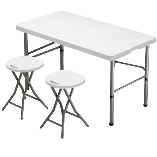 Klapptisch Campingtisch Mit Tragegriff, HDPE Outdoor Tragbarer Falttisch, Platzsparender Indoor Kartentisch Für Balkon, Garten(1.2m Table+Round Stool*2) von BTRUTY
