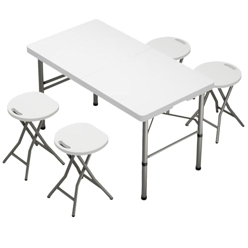 Klapptisch Campingtisch Mit Tragegriff, HDPE Outdoor Tragbarer Falttisch, Platzsparender Indoor Kartentisch Für Balkon, Garten(1.2m Table+Round Stool*4) von BTRUTY
