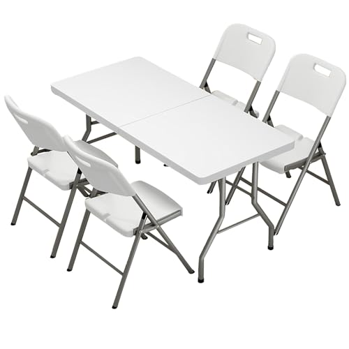 Klapptisch Campingtisch Mit Tragegriff, HDPE Outdoor Tragbarer Falttisch, Platzsparender Indoor Kartentisch Für Balkon, Garten(1.5m Table+Square Stool*4) von BTRUTY