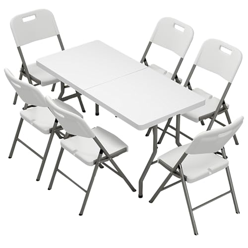 Klapptisch Campingtisch Mit Tragegriff, HDPE Outdoor Tragbarer Falttisch, Platzsparender Indoor Kartentisch Für Balkon, Garten(1.5m Table+Square Stool*6) von BTRUTY