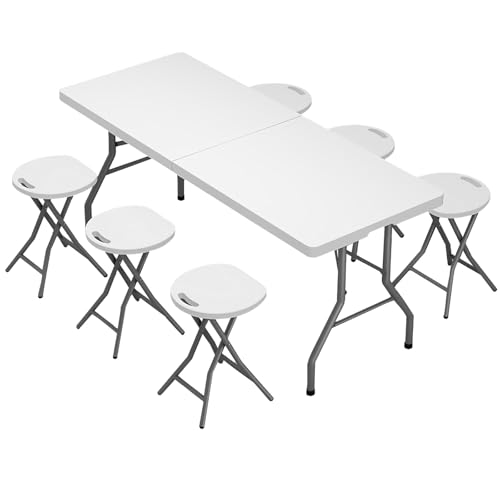 Klapptisch Campingtisch Mit Tragegriff, HDPE Outdoor Tragbarer Falttisch, Platzsparender Indoor Kartentisch Für Balkon, Garten(1.8m Table+Round Stool*6) von BTRUTY