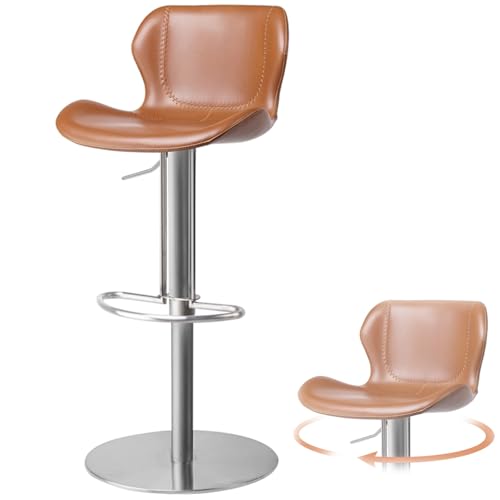 PU Stleder Barhocker 360° Drehbar, Barstuhl Hohenverstellbar Mit Rückenlehne, Küchenstuhl Tresenhocker Für Esszimmer, Wohnzimmer, Büro(Brown,Stainless Steel) von BTRUTY