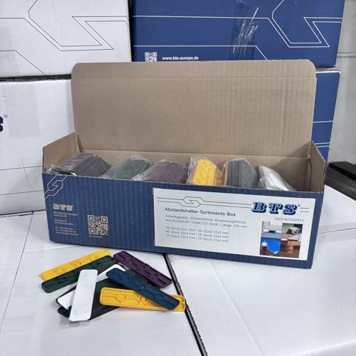 Sortiments-Box | BTS Abstandshalter aus Kunststoff | 100mm x 22mm x 1mm-6mm | Made in Germany | Inhalt 225 Stück | 50 x 1 mm, 50 x 2 mm, 40 x 3 mm, 30 x4 mm, 30 x 5 mm, 25 x 6 mm von BTS