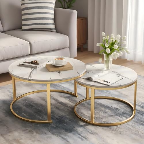 Couchtisch Rund 2er Set, 80cm & 60cm Couchtisch Marmor Optik mit Metallgestell, Moderner Wohnzimmertische und Beistelltisch Rund, Couchtische für Wohnzimmer, Schlafzimmer, Balkon (Goldene Halterung) Couchtisch Rund 2er Set, 80cm & 60cm Couchtisch Marmor Optik mit Metallgestell, Moderner Wohnzimmertische und Beistelltisch Rund, Couchtische für Wohnzimmer, Schlafzimmer, Balkon (Goldene Halterung) von BTSAE