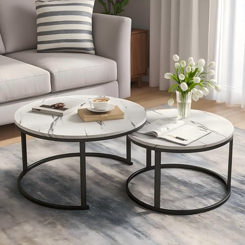 Couchtisch Rund 2er Set, 80cm & 60cm Couchtisch Marmor Optik mit Metallgestell, Moderner Wohnzimmertische und Beistelltisch Rund, Couchtische für Wohnzimmer, Schlafzimmer, Balkon (Schwarze Halterung) Couchtisch Rund 2er Set, 80cm & 60cm Couchtisch Marmor Optik mit Metallgestell, Moderner Wohnzimmertische und Beistelltisch Rund, Couchtische für Wohnzimmer, Schlafzimmer, Balkon (Schwarze Halterung) von BTSAE