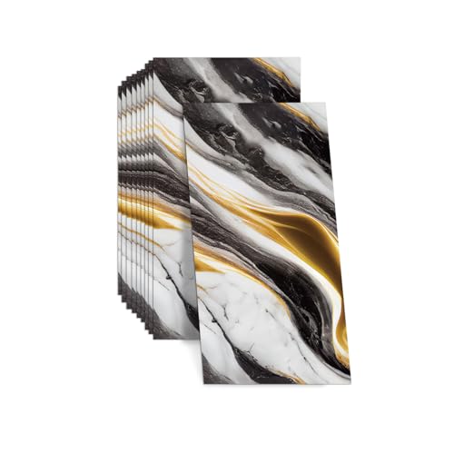 Wandverkleidung Selbstklebend, 10 Stück 60×30cm Fliesenaufkleber, PVC Küchenrückwand, Selbstklebende Wandpaneele, Wasserdicht und ölbeständig Tile Sticker für Küche, Badezimmer (Schwarz Weiß Gold) von BTSAE