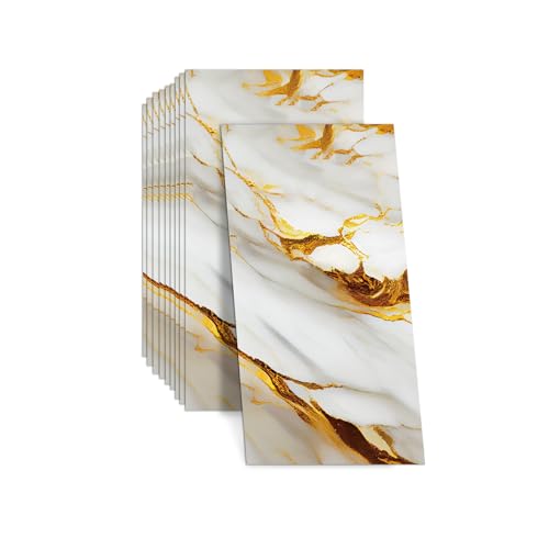 Wandverkleidung Selbstklebend, 10 Stück 60×30cm Fliesenaufkleber, PVC Küchenrückwand, Selbstklebende Wandpaneele, Wasserdicht und ölbeständig Tile Sticker für Küche, Badezimmer (Weiß Gold) von BTSAE